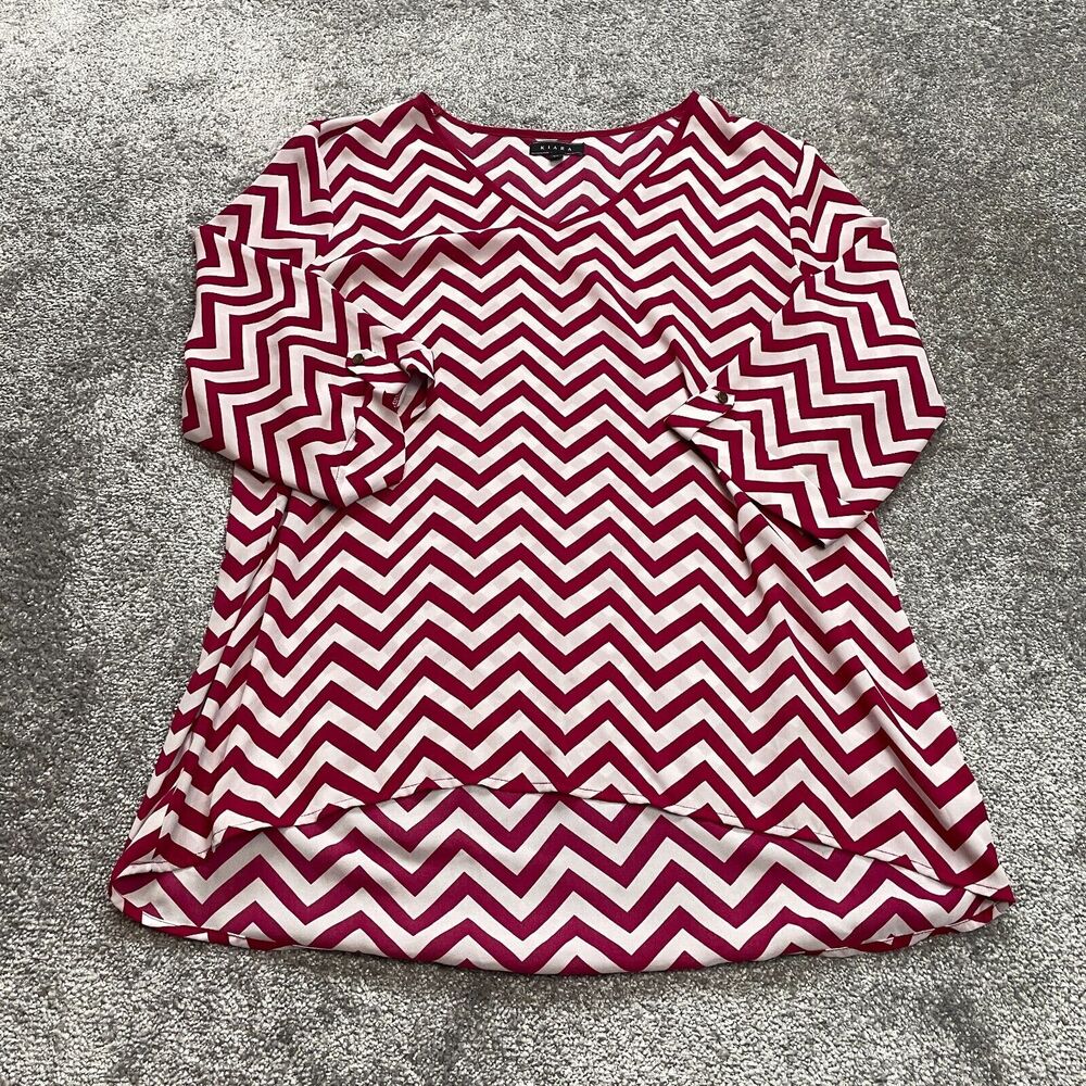 Kiara Blouse Top Womens XL Pink Red White Zig Zag Striped Roll Tab Long Sleeve